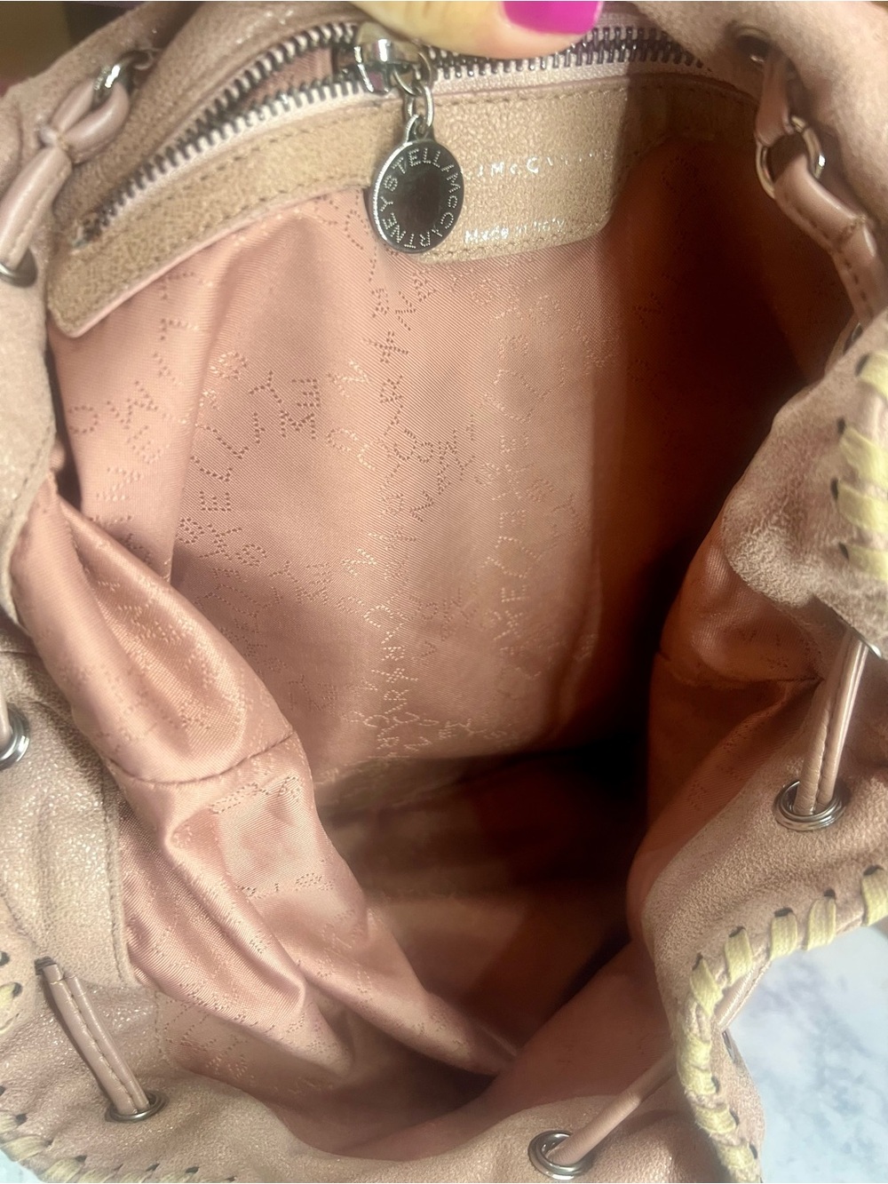 Stella McCartney Pink Suede Chain-Trim Drawstring Backpack - Picture 14 of 16